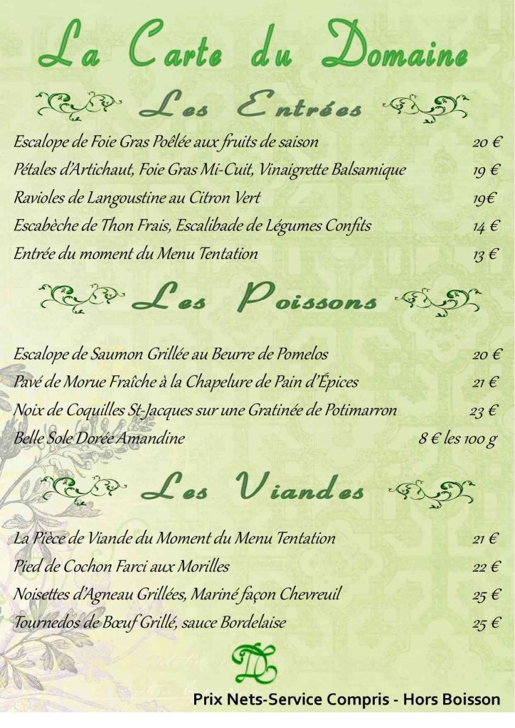 Carte - Entrées Plats domaine