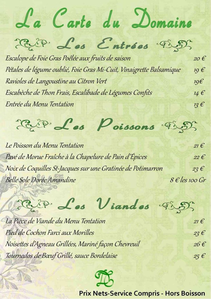 Carte - Entrées Plats domaine