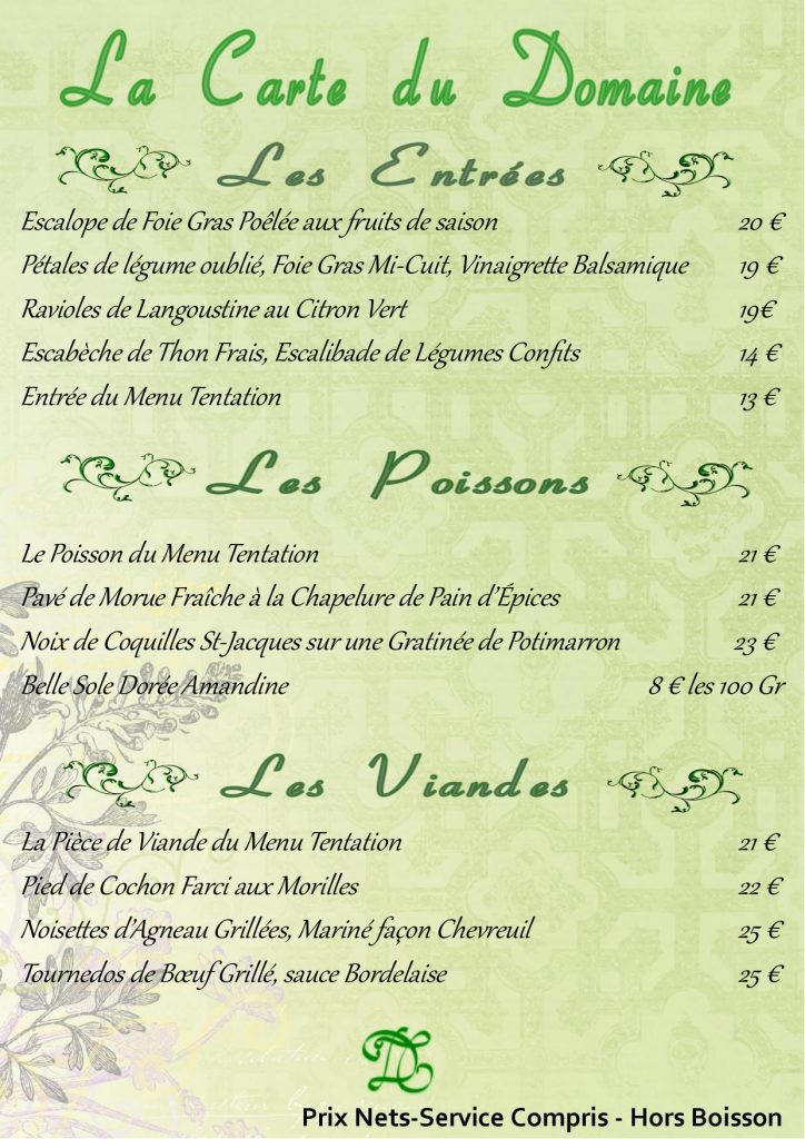 Carte - Entrées Plats domaine